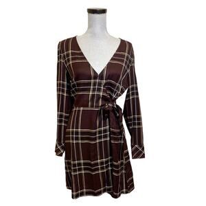 Sanctuary Upbeat Plaid Brown Long Sleeve Wrap Dress NWT 10